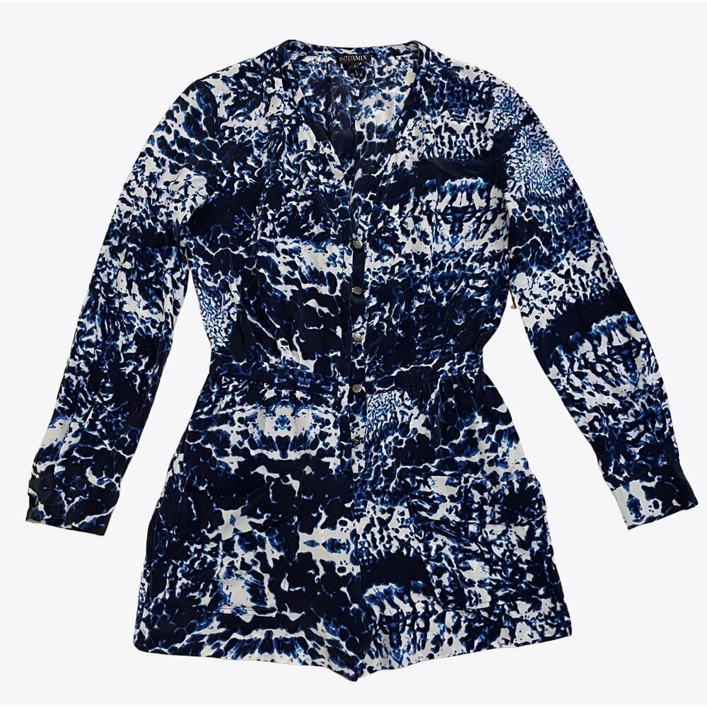 Rare Intermix Roxy Silk Romper S | Blue Abstract Print, Button Front, 100% Silk